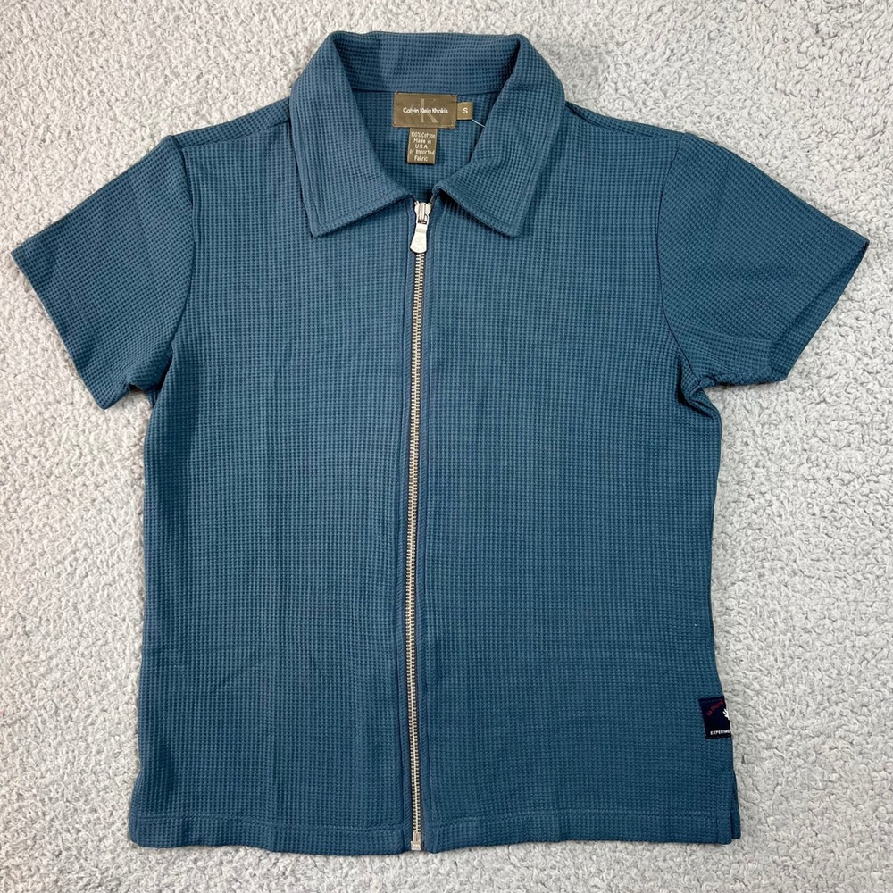 Calvin Klein Zip Cardigan Juniors S Bluestone Teal Waffle Knit Short‎ Sleeve VTG
